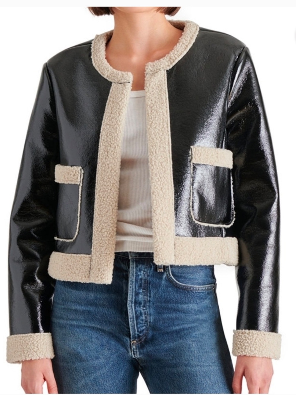 Black Patent Leather and Shearling Jacket
